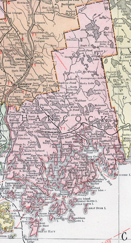 Hancock County, Maine, 1912, map, Ellsworth, Bar Harbor, Bucksport, Hancock, Blue Hill, Orland, Mount Desert, Deer Isle, Southwest Harbor, Dedham, Lamoine, Surry, Franklin, Castine