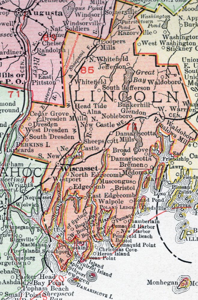 Lincoln County, Maine, 1912, map, Wiscasset, Waldoboro, Boothbay, Bristol, Jefferson, Whitefield, Damariscotta, Boothbay Harbor, Newcastle, Dresden, Nobleboro, Edgecomb, South Bristol