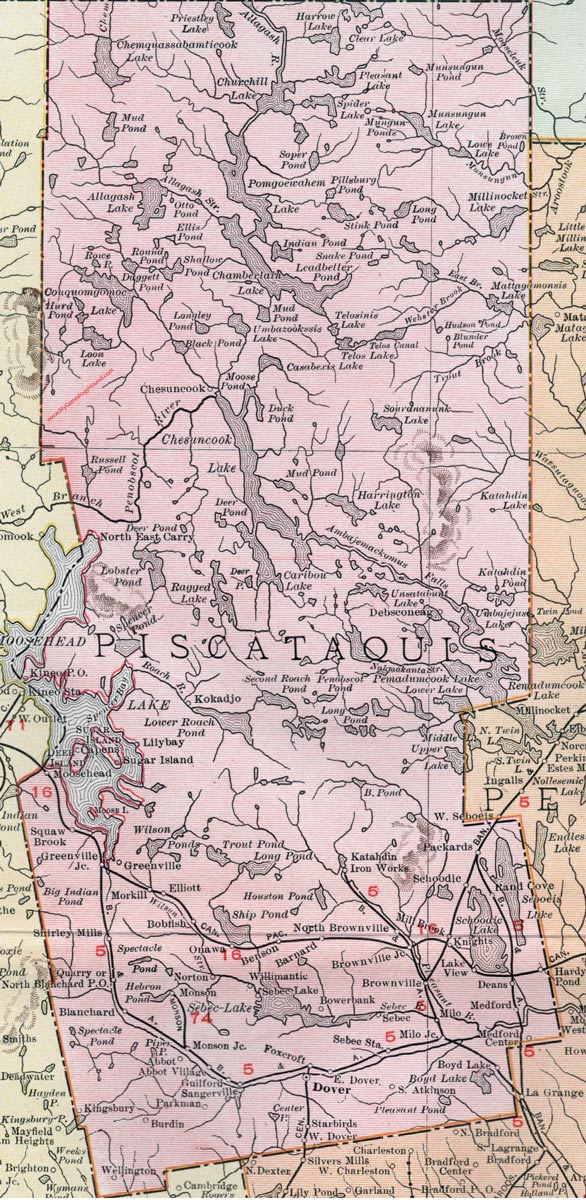 Piscataquis County, Maine, 1912, map, Dover, Milo, Greenville, Guilford, Sangerville, Brownville, Parkman, Abbot, Monson, Sebec, Wellington, Medford, Shirley