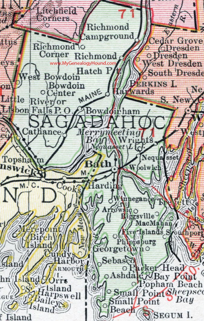 Sagadahoc County, Maine, 1912, map, Bath, Topsham, Richmond, Woolrich, Bowdoin, Bowdoinham, Phippsburg, West Bath, Georgetown, Arrowsic, Ashdale, Cathance, Nequasset 