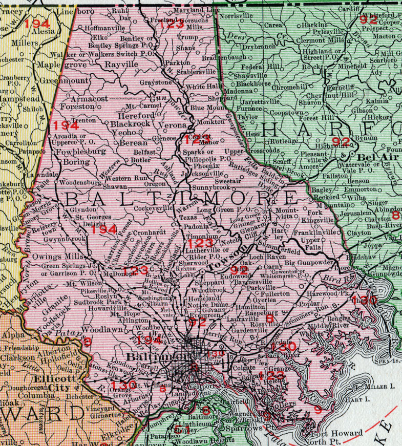 Baltimore County, Maryland, Map, 1911, Rand McNally, Towson, Owings Mills, Catonsville, Dundalk, Woodlawn, Halethorpe, Lansdowne, Timonium, Cockeysville, Reisterstown, Monkton, Cronhardt, Trump, Overlea, Carny