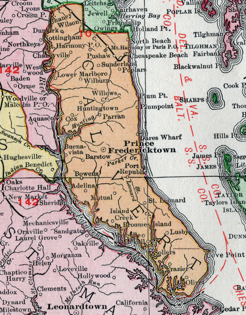 Calvert County, Maryland, Map, 1911, Rand McNally, Prince Fredericktown, Chesapeake Beach, Cove Point, Broomes Island, Bowens, Parren, Wilburn, Pushaw, Chaney, Chaneyville, Sunderland, Sollers, Frazier, St. Leonard