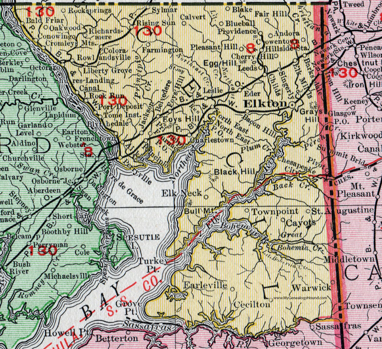 Cecil County, Maryland, Map, 1911, Rand McNally, Elkton, Perryville, North East, Rising Sun, Liberty Grove, Rock Run, Port Deposit, Andora, Sylmar, Bald Friar, Rowlandsville, Cowentown, Cayots