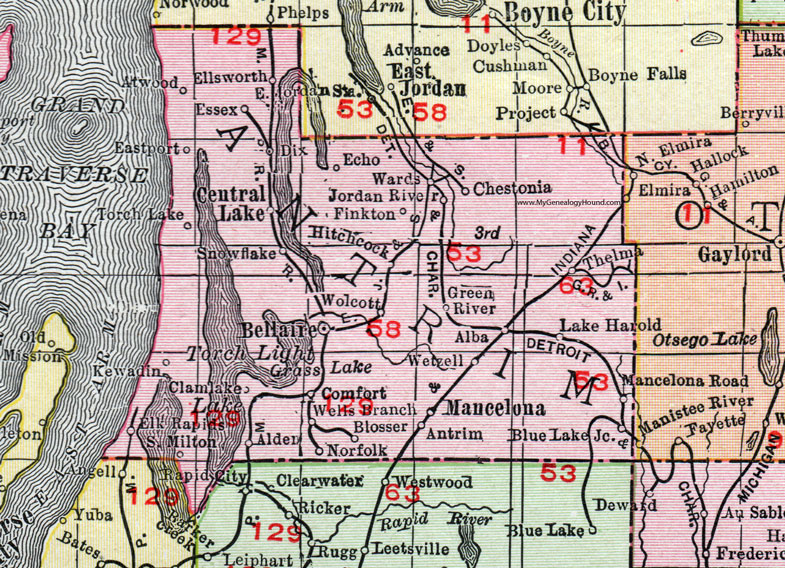 Antrim County, Michigan, 1911, Map, Rand McNally, Mancelona, Elk Rapids, Central Lake, Bellaire, Eastport, Torch Lake, Kewadin, Alden, Ellsworth, Atwood, Chestonia, Alba, Wolcott, Wetzell