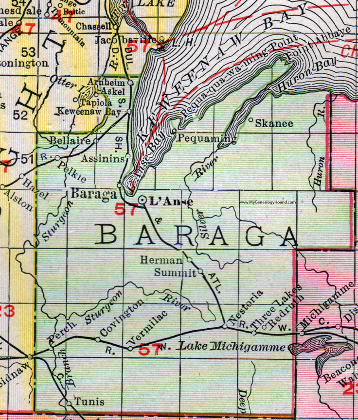 Baraga County, Michigan, 1911, Map, Rand McNally, L'Anse, Covington, Keweenaw Bay, Skanee, Pelkie, Herman, Tunis, Assinins, Nestoria, Arnheim, Pequaming, Vermilac, Redruth