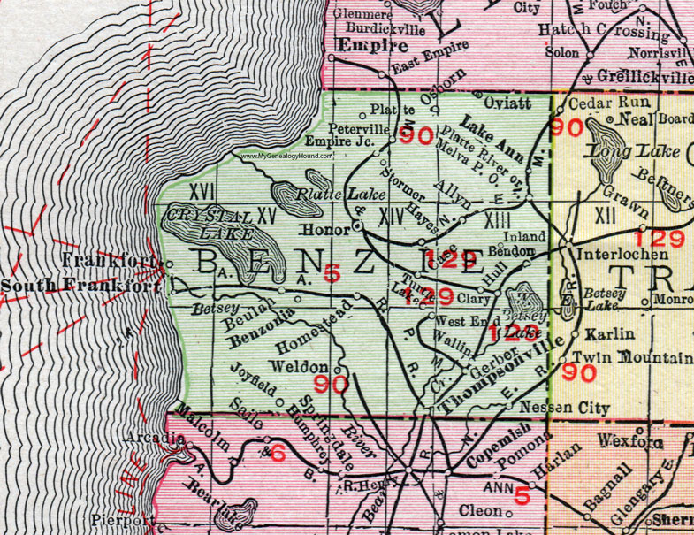 Benzie County, Michigan, 1911, Map, Rand McNally, Frankfort, Beulah, Benzonia, Thompsonville, Honor, Lake Ann, Weldon, Joyfield, Gerber, Stormer, Oviatt, Allyn, Wallin