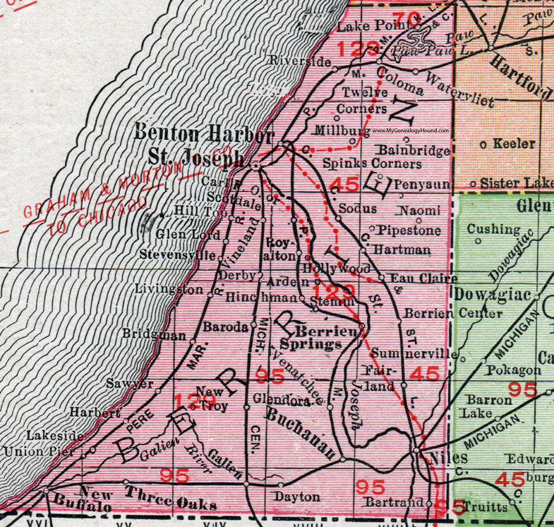 Berrien County, Michigan, 1911, Map, Rand McNally, St. Joseph, Benton Harbor, Niles, Buchanan, Bertrand, Berrien Springs, Eau Claire, Coloma, Watervliet, Bridgman, New Buffalo, Three Oaks