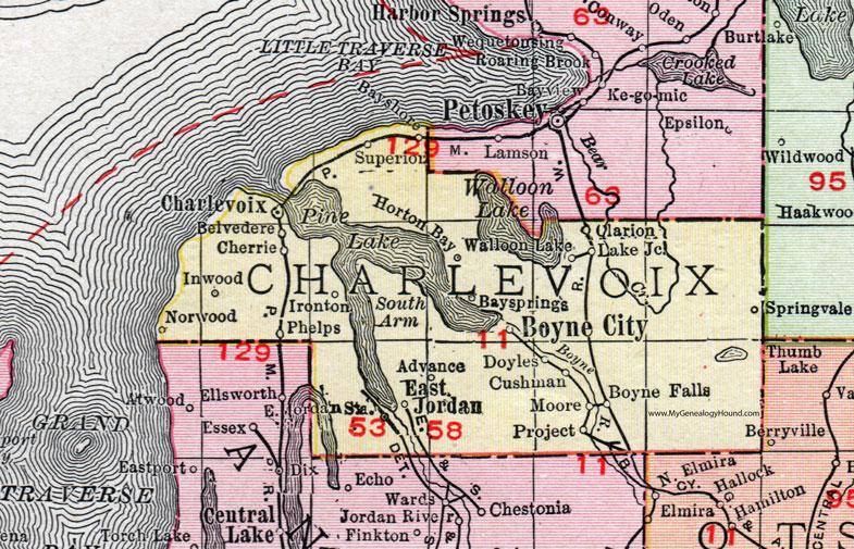 Charlevoix County, Michigan, 1911, Map, Rand McNally, Boyne City, East Jordan, Walloon Lake, Boyne Falls, Norwood, Horton Bay, Doyles, Cushman, Moore, Bay Shore, Clarion, Ironton, Inwood