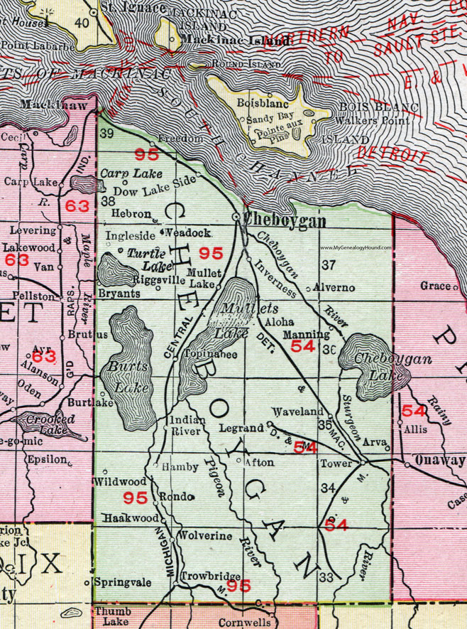 Cheboygan County, Michigan, 1911, Map, Rand McNally, Indian River, Topinabee, Wolverine, Mullet Lake, Afton, Tower, Weadock, Hebron, Alverno, Riggsville, Rondo, Haakwood, Hamby