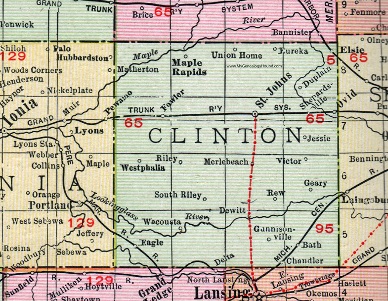 Clinton County, Michigan, 1911, Map, Rand McNally, St. Johns, DeWitt, Westphalia, Fowler, Eagle, Eureka, Elsie, Ovid, Bath, Chandler, Maple Rapids, Union Home, Wacousta, Gunnisonville