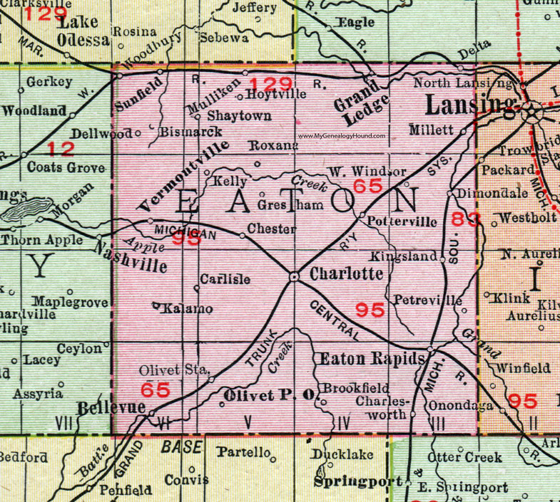 Eaton County, Michigan, 1911, Map, Rand McNally, Charlotte, Eaton Rapids, Grand Ledge, Olivet, Bellevue, Dimondale, Vermontville, Mulliken, Sunfield, Carlisle, Petreville, Shaytown