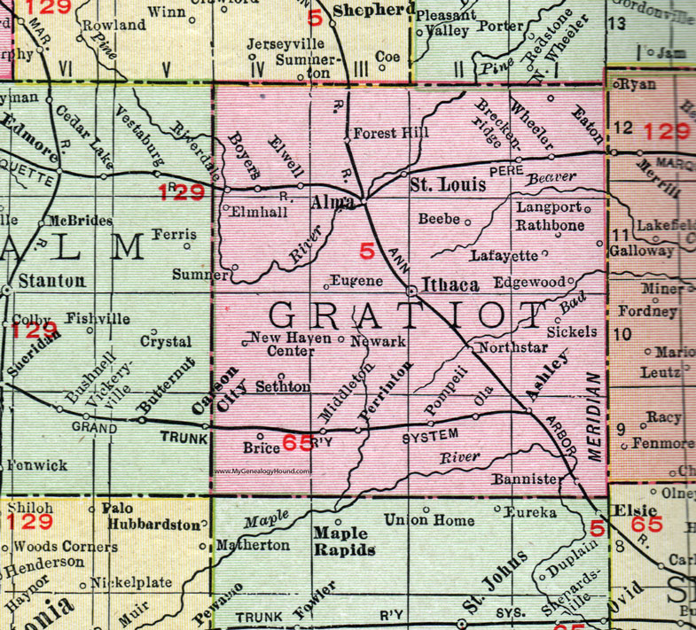 Gratiot County, Michigan, 1911, Map, Rand McNally, Ithaca, St. Louis, Alma, Ashley, Breckenridge, Riverdale, Elm Hall, Elwell, North Star, Sumner, Wheeler, Bannister, Pompeii