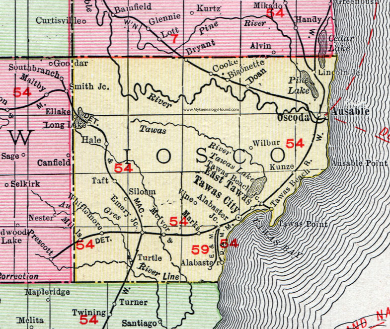 Iosco County, Michigan, 1911, Map, Rand McNally, Tawas City, East Tawas, Oscoda, Au Sable, Whittemore, Long Lake, Hale, Alabaster, Bisonette, Mills, Emery Junction, Siloam, Cooke