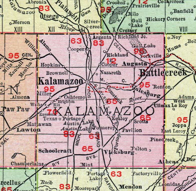 Kalamazoo County, Michigan, 1911, Map, Rand McNally, Comstock, Portage, Galesburg, Oshtemo, Augusta, Richland, Climax, Vicksburg, Schoolcraft, Scotts, Fulton, Argenta, Cooper, Brownell