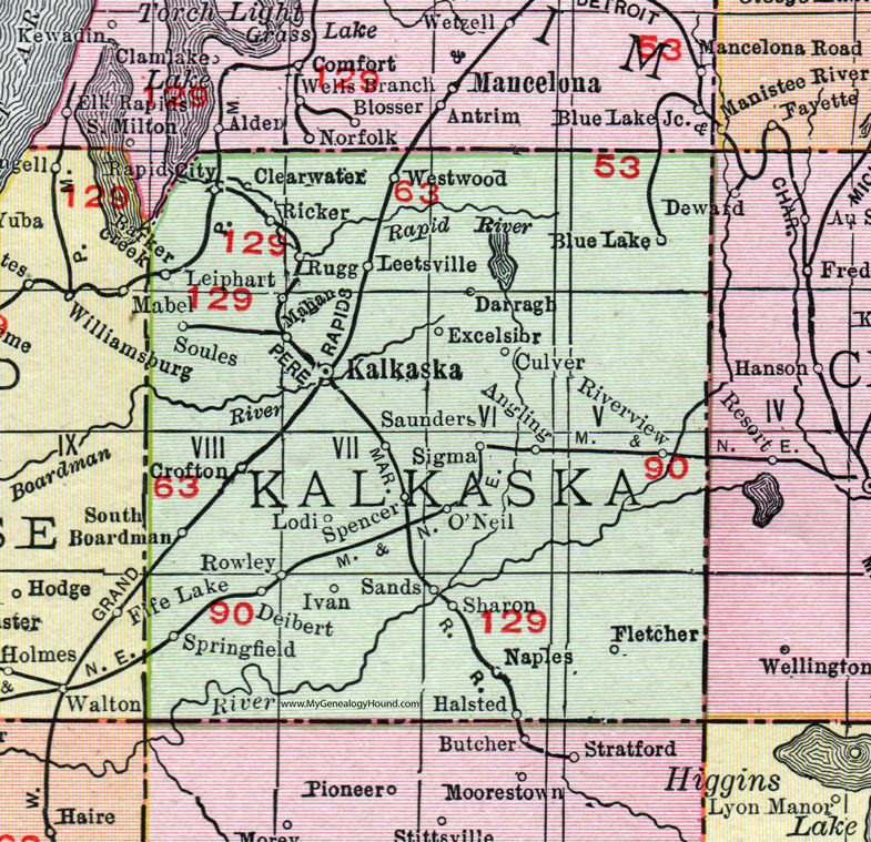 Kalkaska County, Michigan, 1911, Map, Rand McNally, Rapid City, Soules, Leetsville, Ricker, Darragh, Rowley, Crofton, Deibert, Sharon, Halsted, Fletcher, Culver, Leiphart