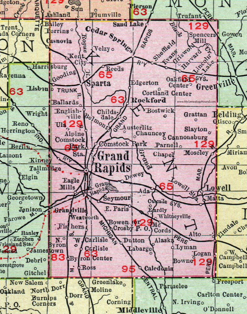 Kent County, Michigan, 1911, Map, Rand McNally, Grand Rapids, Rockford, Lowell, Sparta, Comstock Park, Belmont, Byron Center, Cascade, Caledonia, Ada, Kent City, Cedar Springs, Sand Lake, Englishville
