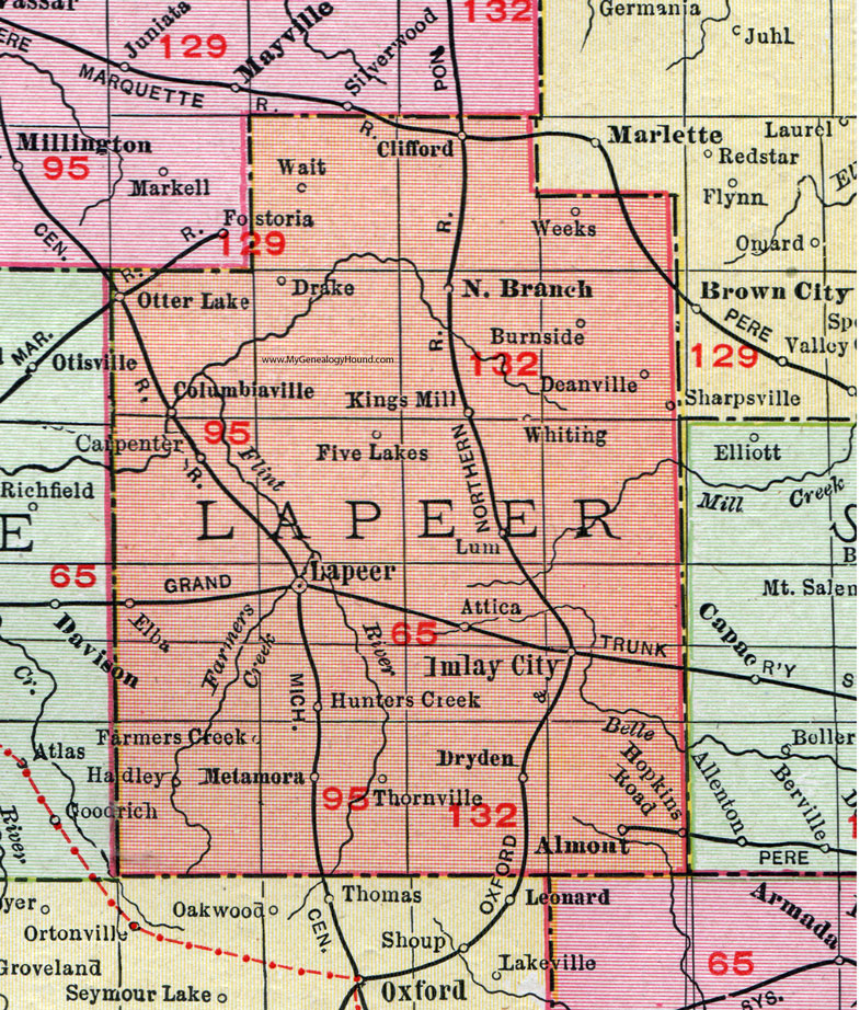Lapeer County, Michigan, 1911, Map, Rand McNally, Imlay City, North Branch, Almont, Dryden, Metamora, Hadley, Attica, Lum, Columbiaville, Kings Mill, Thornville, Sharpsville, Otter Lake