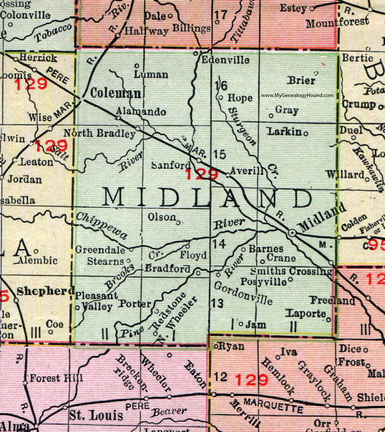 Midland County, Michigan, 1911, Map, Rand McNally, Coleman, Sanford