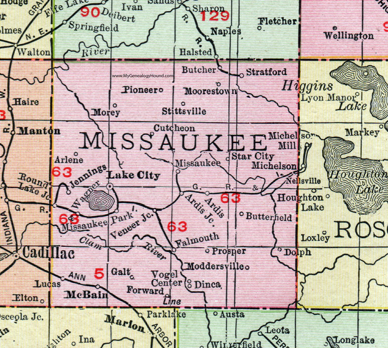 Missaukee County, Michigan, 1911, Map, Rand McNally, Lake City, McBain, Moddersville, Morey, Stittsville, Stratford, Star City, Moorestown, Butterfield, Dinca, Dolph, Jennings, Cutcheon