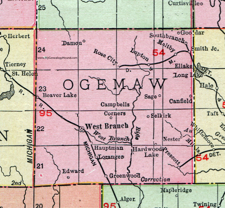 Ogemaw County, Michigan, 1911, Map, Rand McNally, West Branch, Rose City, Prescott, South Branch, Canfield, Selkirk, Hauptman, Loranger, Campbell Corners, Goodar, Maltby, Damon, Greenwood