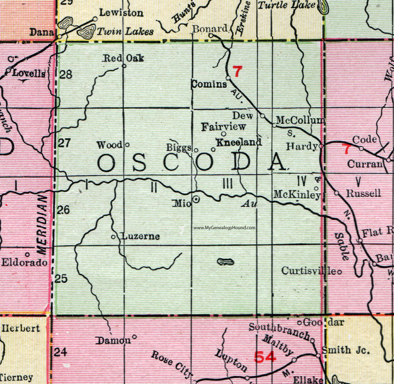 Oscoda County, Michigan, 1911, Map, Rand McNally, Mio, Luzerne, Comins, Fairview, Red Oak, McCollum, Dew, Hardy, McKinley, Kneeland, Biggs, Wood
