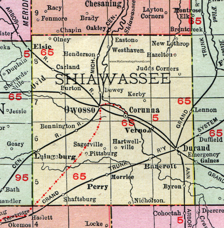 Shiawassee County, Michigan, 1911, Map, Rand McNally, Owosso, Corunna, Durand, Perry, Morrice, Laingsburg, Bancroft, Byron, Vernon, Henderson, New Lothrop, Lennon, Morrice
