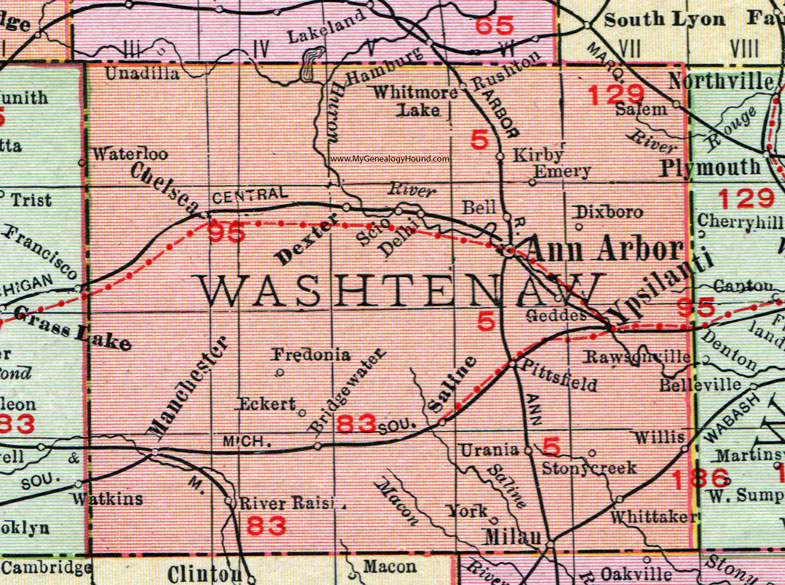 Washtenaw County, Michigan, 1911, Map, Rand McNally, Ann Arbor, Ypsilanti, Saline, Milan, Manchester, Dexter, Chelsea, Rawsonville, Dixboro, Bridgewater, Salem, Scio, Eckert, Urania, Geddes