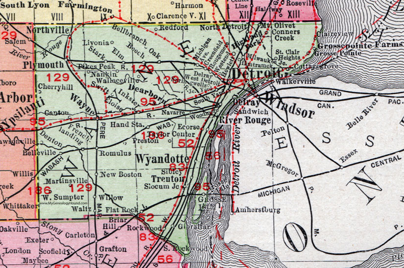 Wayne County, Michigan, 1911, Map, Rand McNally, Detroit, Dearborn, Grosse Pointe, Hamtramck, Plymouth, Northville, Wyandotte, Romulus, Trenton, Inkster, Livonia, Canton, Belleville, Redford, Ecorse