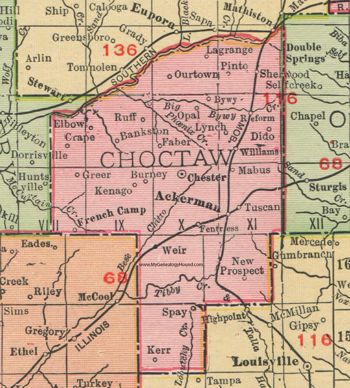 Choctaw County, Mississippi, 1911, Map, Rand McNally, Chester, Ackerman, Weir, French Camp, Reform, Sherwood, New Prospect, Kerr, Burney, Kenago, Greer, Bankston, Dido, Lynch, Bywy, Lagrange