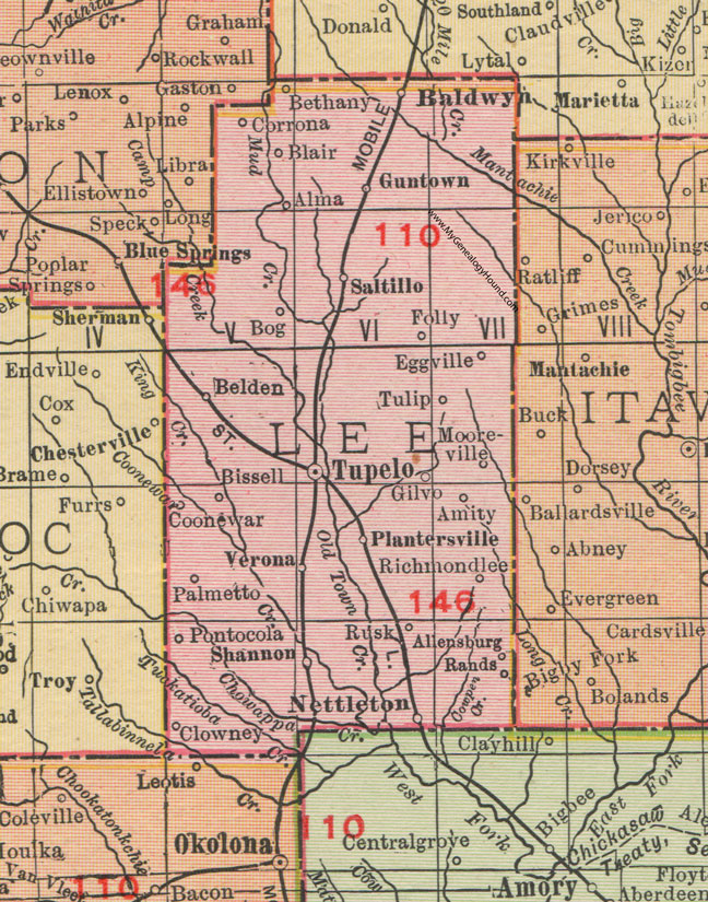 Lee County, Mississippi, 1911, Map, Rand McNally, Tupelo, Baldwyn, Saltillo, Guntown, Belden, Bissell, Plantersville, Verona, Shannon, Mooreville, Pontocola, Eggville, Clowney, Gilvo, Richmondlee