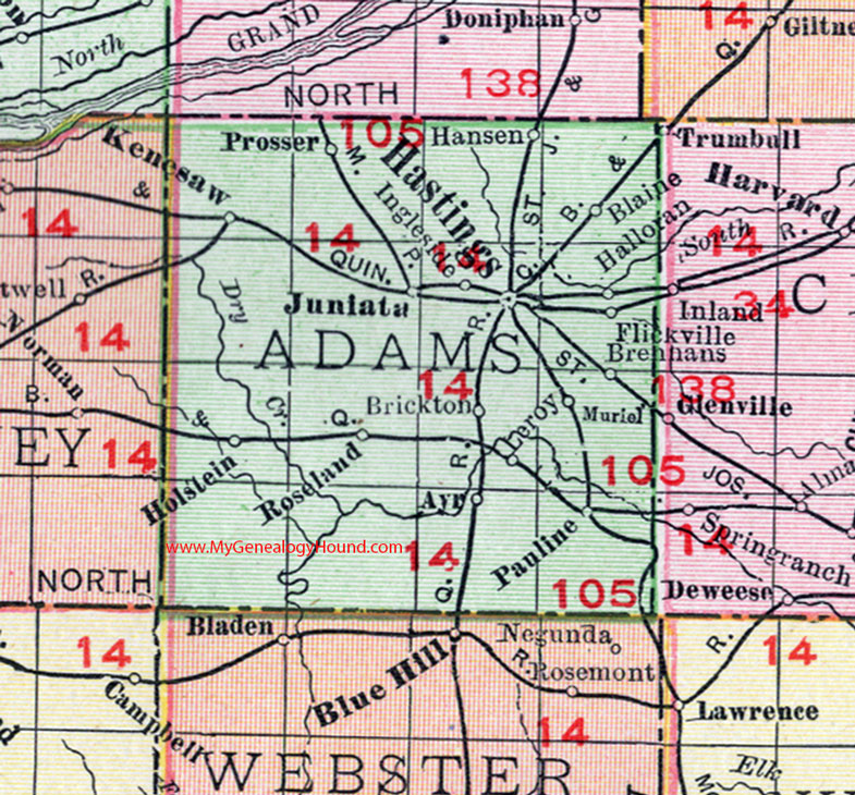 Adams County, Nebraska, 1912, map, Hastings, Kenesaw, Juniata, Holstein, Roseland, Ayr, Pauline, Prosser, Hansen