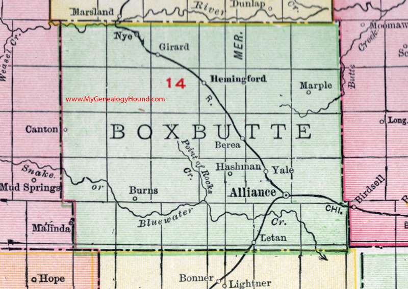 Box Butte County, Nebraska, 1912, map, Alliance, Hemingford, Berea, Girard, Nye, Marple, Yale, Burns, Letan, Hashman, Canton