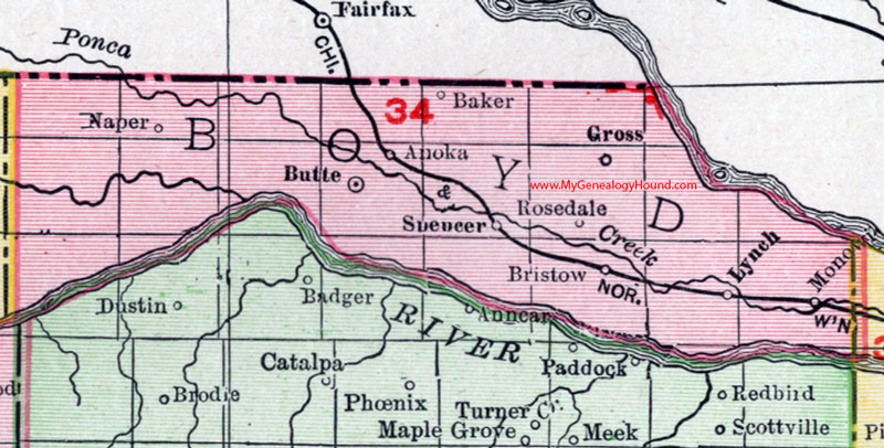 Boyd County, Nebraska, 1912, map, Butte, Naper, Anoka, Spencer, Gross, Bristow, Lynch, Monowi, Rosedale, Baker
