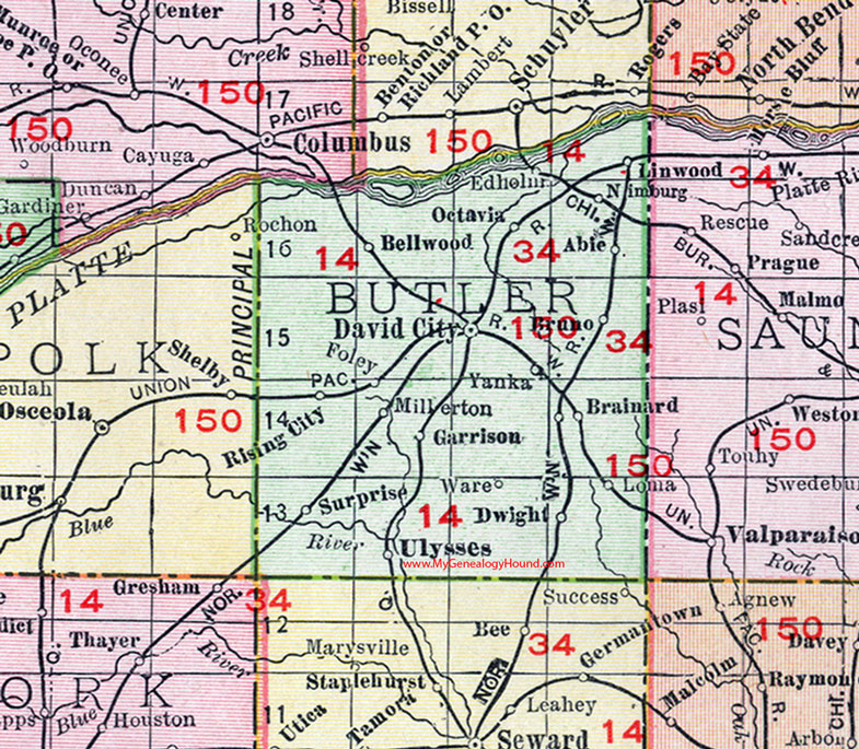 Butler County, Nebraska, map, 1912,  David City, Ulysses, Bellwood, Brainard, Surprise, Dwight, Linwood, Octavia, Abie, Bruno, Rising City, Garrison