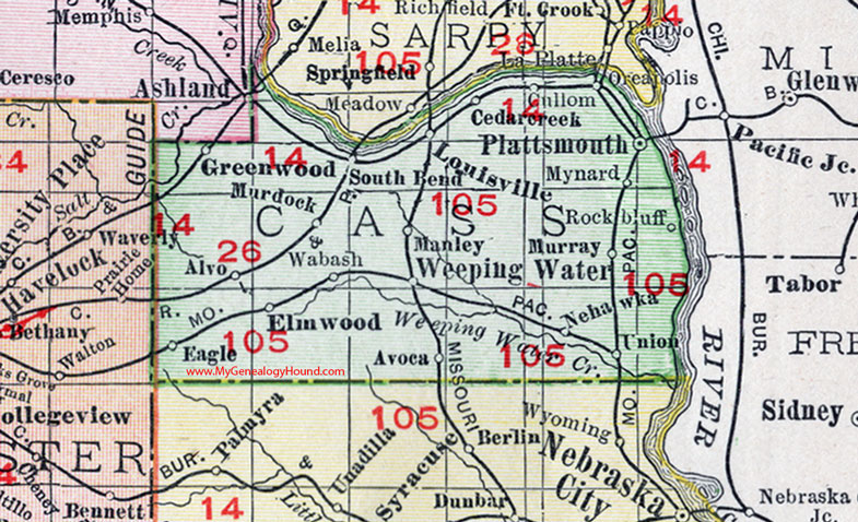 Cass County, Nebraska, map, 1912, Plattsmouth, Louisville, Weeping Water, Elmwood, Greenwood, Nehawka, Murdock, Murray, Eagle, Avoca, Union, Alvo, Manley
