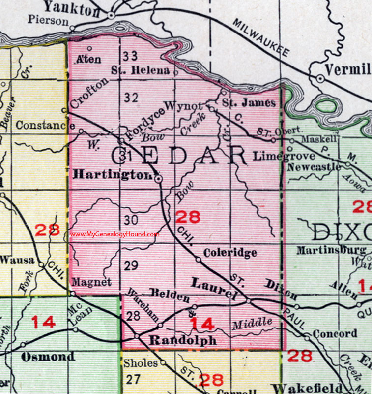 Cedar County, Nebraska, map, 1912, Hartington, Randolph, Belden, Fordyce, Wynot, Coleridge, Magnet, Laurel, Obert, St. Helena, Aten, Wareham