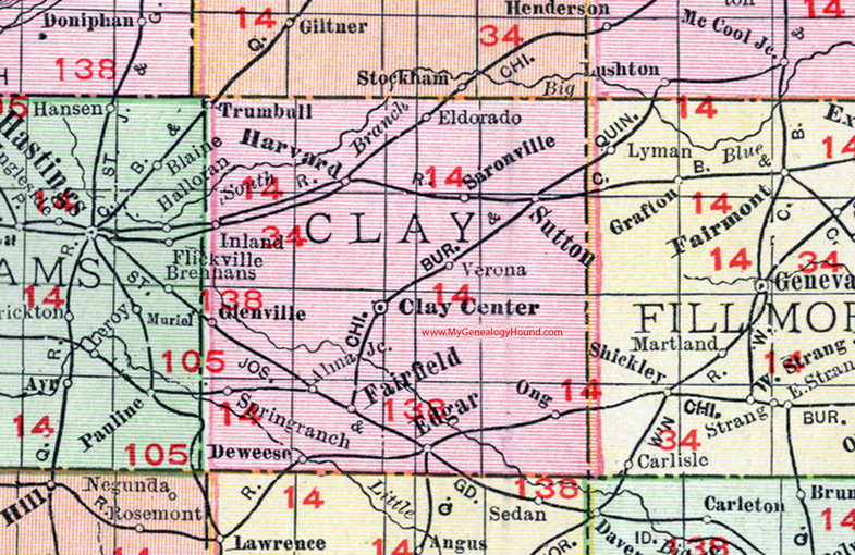 Clay County, Nebraska, map, 1912, Clay Center, Harvard, Fairfield, Edgar, Sutton, Saronville, Trumbull, Deweese, Glenville, Ong, Eldorado, Inland