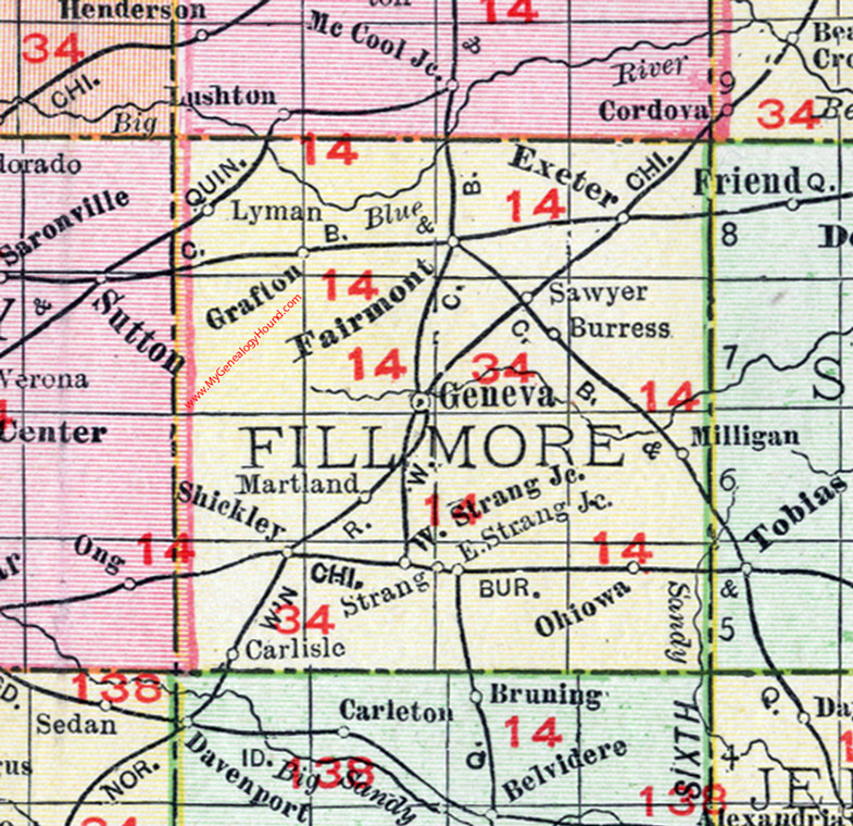 Fillmore County, Nebraska, map, 1912, Geneva, Fairmont, Exeter, Ohiowa, Shickley, Grafton, Milligan, Strang, Martland, Burress, Lyman, Carlisle