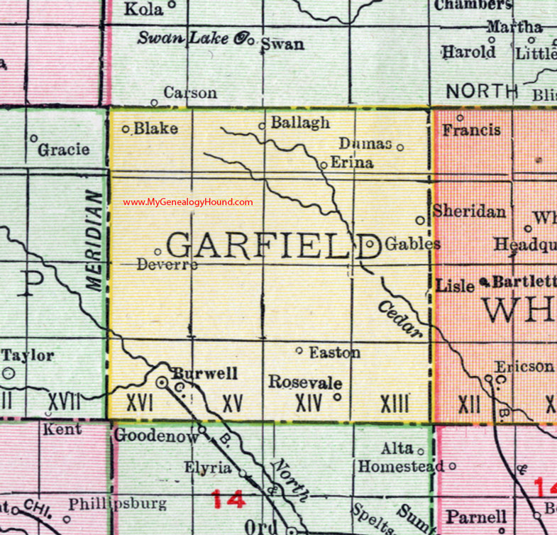 Garfield County, Nebraska, map, 1912, Burwell, Deverre, Gables, Sheridan, Dumas, Ballagh, Rosevale, Easton, Erina, Blake