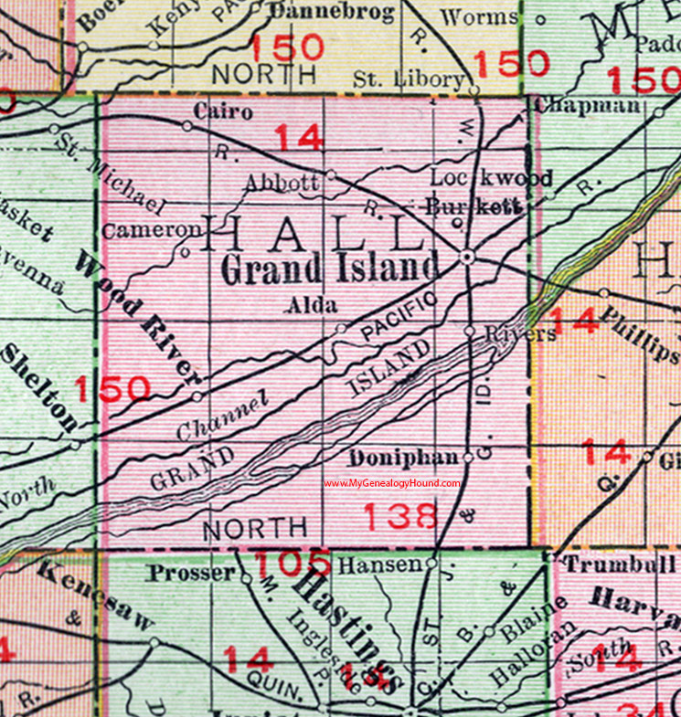 Hall County, Nebraska, map, 1912, Grand Island, Wood River, Doniphan, Alda, Cairo, Abbott, Cameron, Rivers, Burkett