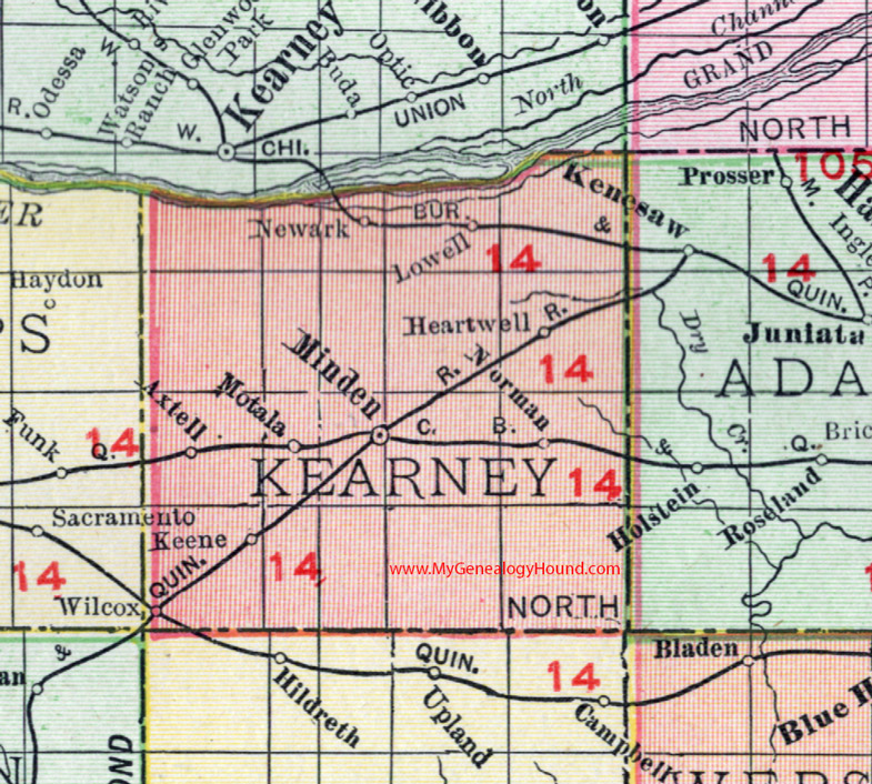 Kearney County, Nebraska, 1912, Map, Rand McNally, Minden, Axtell, Wilcox, Heartwell, Keene, Norman, Lowell, Motala, Newark