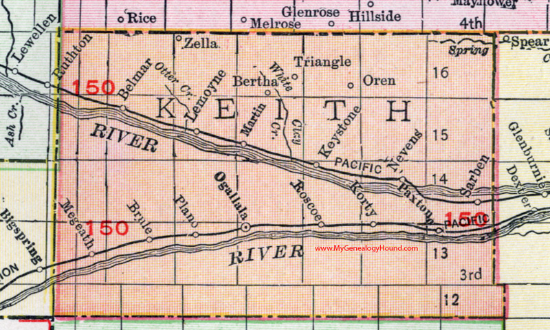 Keith County, Nebraska, map, 1912, Ogallala, Brule, Paxton, Roscoe, Sarben, Keystone, Lemoyne, Zella, Megeath, Korty, Nevens, Belmar