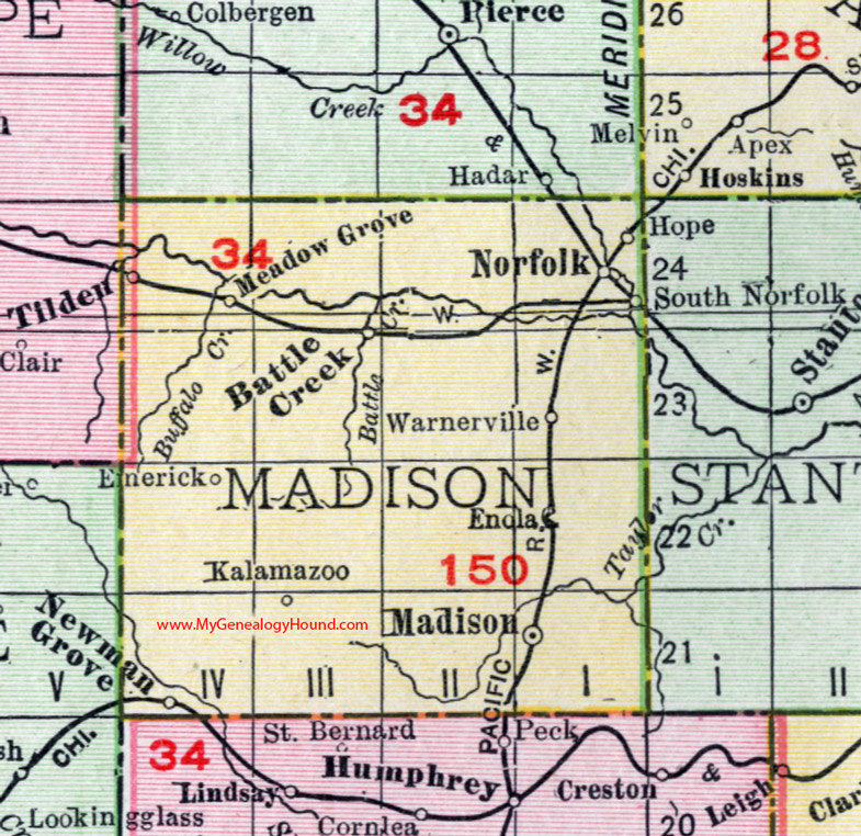 Madison County, Nebraska, map, 1912, Madison City, Norfolk, Battle