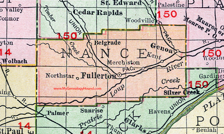Nance County, Nebraska, map, 1912, Fullerton, Genoa, Belgrade, Merchiston, Kent, North Star