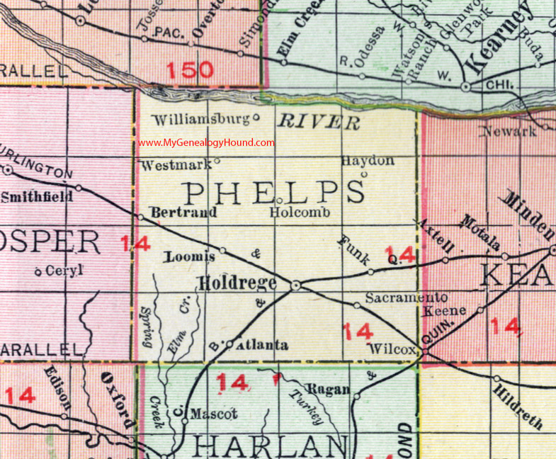 Phelps County, Nebraska, 1912, Map, Rand McNally, Holdrege, Bertrand, Loomis, Funk, Atlanta, Haydon, Holcomb, Sacramento, Westmark, Williamsburg