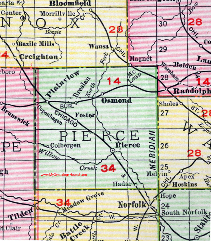 Pierce County, Nebraska, map, 1912, Osmond, Pierce City, Plainview, Foster, Breslau, McLean, Colbergen, Hadar, Copenhagen