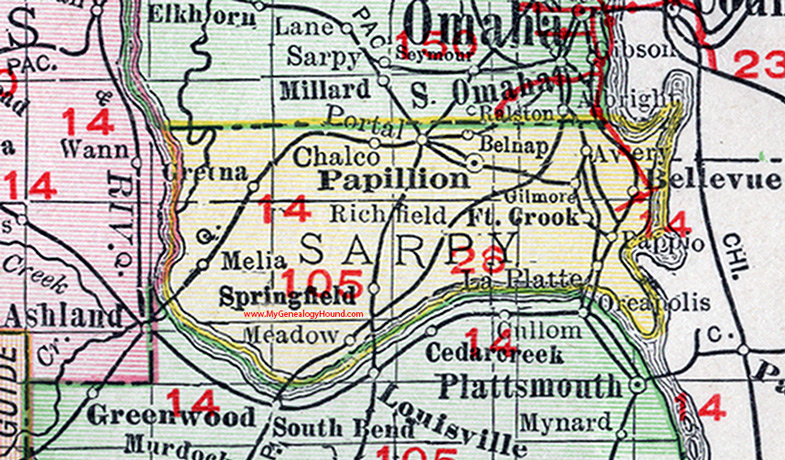 Sarpy County Nebraska Map 1912 Papillion Bellevue Springfield Ft Crook Richfield