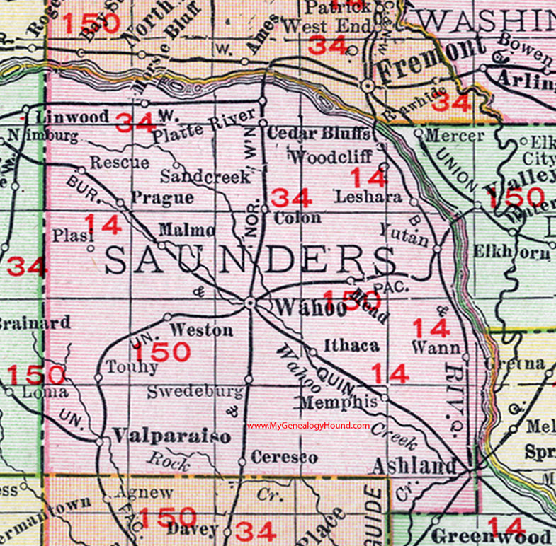 Saunders County, Nebraska, map, 1912, Wahoo, Ashland, Valparaiso, Cedar Bluffs, Yutan, Prague, Weston, Ceresco, Swedeburg, Malmo, Colon, Ithaca