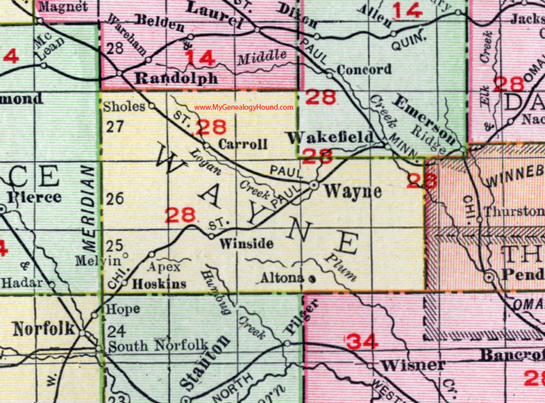 Wayne County, Nebraska, map, 1912, Wayne City, Winside, Hoskins, Carroll, Sholes, Altona, Melvin, Apex