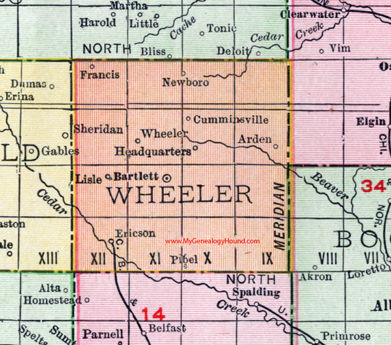 Wheeler County, Nebraska, map, 1912, Bartlett, Ericson, Cumminsville, Lisle, Arden, Headquarters, Newboro, Francis, Pibel, Wheeler City